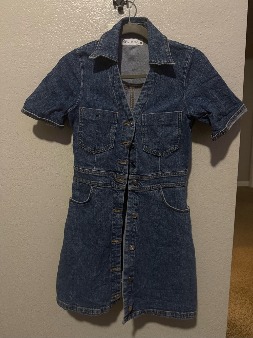 Zara Denim Button-Front Short Sleeve Dress - Blue